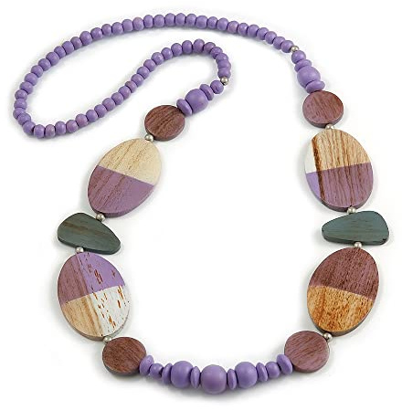 Avalaya - Collana lunga con perline di legno dipinte geometriche, color lilla, bianco antico, grigio - lunghezza 90 cm