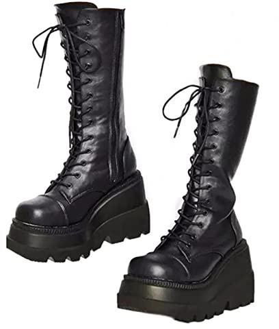 UOQAPRE Womens High Platform Mid Calf Wedges Chunky Booties Heel Round-Toe Side Zip Winter Punk Combat Boots For Women