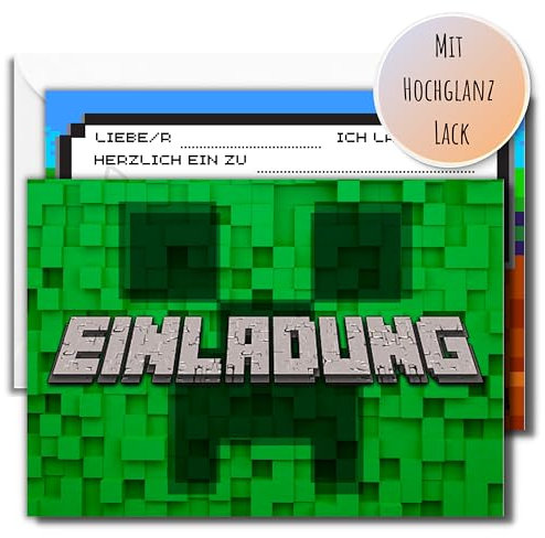 Generisch 12x EINLADUNGSKARTEN +Umschläge mit Videospiel Gamer Pixelmotiv in Hochglanzoptik für coole Mädchen & Jungen Gaming Kindergeburtstag Zocker Party
