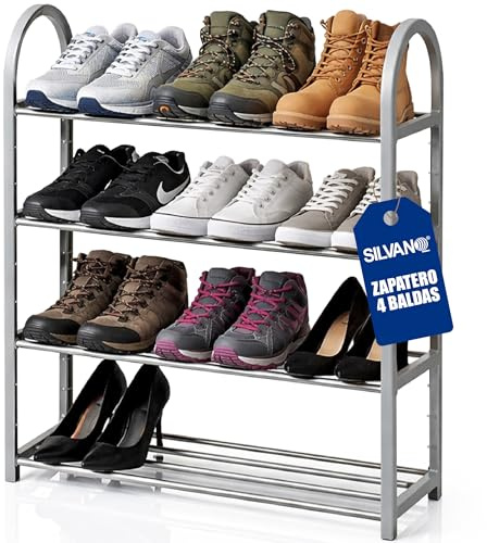 Zapatero Silvano, Organizador de Zapatos, Estante para Zapatos, 4 Baldas, Estructura Resistente, Color Gris - 19 x 58 x 65 cm - Portátil, Multifuncional, para la Habitación, Dormitorio, Pasillo