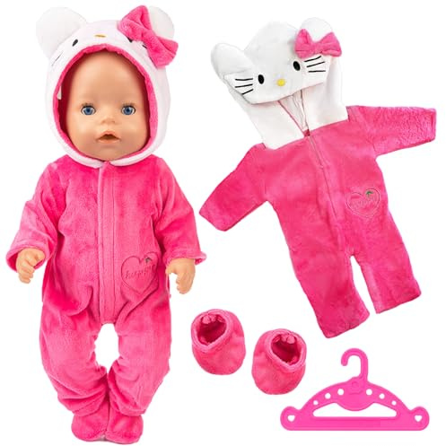 Doll Clothes for 13-18 Inch Baby Dolls, Sweet Outfits Jumpsuit Top Hat and Socks Compatible with New Born Baby 30-45 cm Dolls Girls Birthday (Pink-Cat) (No Doll)