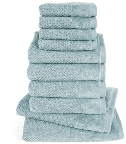 Pure Label 10-TLG. Handtücher Set mit Aufhängeschlaufen aus 100% Baumwolle, saugstark und weich - 2X Badetuch (70x140 cm) 4X Handtuch (50x100cm) 4X Gästetuch (30x50 cm), Türkis
