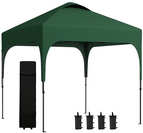 Outsunny Cenador Plegable Pop-UP 2,5x2,5x2,68 m Carpa de Jardín Protección UV 50+ Ajustable en Altura con 4 Bolsas de Arena y Bolsa de Transporte para Camping Fiestas Patio Verde Oscuro