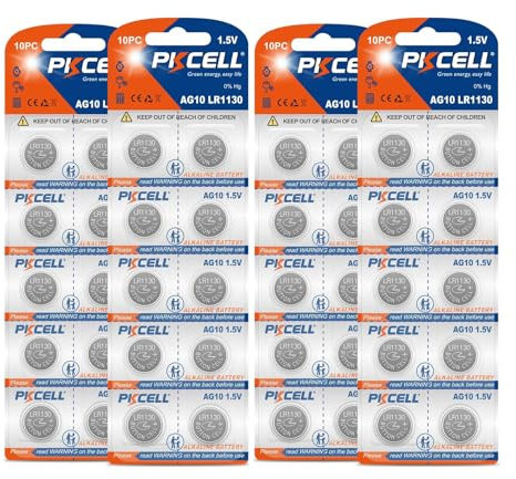 PKCELL LR1130 AG10 Alkaline-Knopfzellen für Hörbücher, Uhr, Spielzeug, 40 Stück