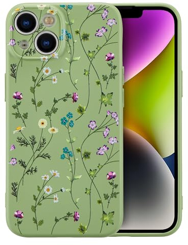RALEAVO Case for iPhone 14, Cute Flower Silicone Floral Slim Cover, Green