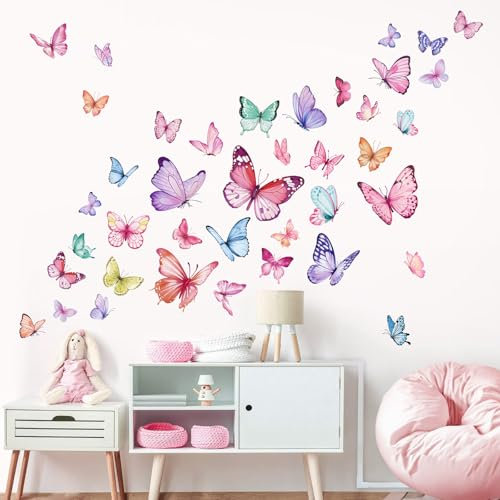 wondever Watercolor Butterfly Wall Stickers Colorful Butterflies Peel and Stick Wall Art Decals for Girls Bedroom Baby Nursery