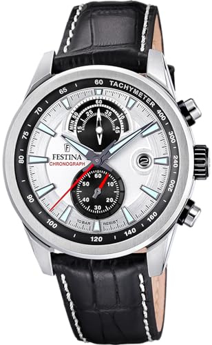 Festina Herren Uhr Analog mit Schwarzem Lederarmband - Quarzwerk - Chronograph - Kalender - Mineralglas mit hoher Widerstandsfähigkeit - Wasserdicht bis 10 ATM - Elegant F20695/1 Timeless Chronograph