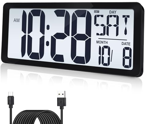 15 Inch Large Rechargeable Digital LCD Wall Clock with Backlight Glow in the Dark,Night Light Wall Clock with Week,Date & Temperature,DST,Alarm Display for Living Room, Bedroom, Gift for Elderly