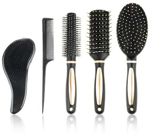 Halinuia Kit de peines y cepillos para el cabello, cepillo para desenredar, kit profesional de peluquería para cabello rizado largo, grueso y fino, (negro)