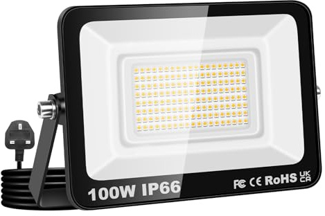Willpower Foco LED Exterior Interior Proyector LED 100W 10,000LM Focos de Luz 3000K Blanco Cálido IP66 Luz de Inundación Iluminación para Garaje Patio Jardín Terraza Parque Trabajo, con Enchufe