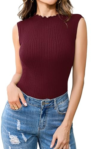 Aottori Débardeur Femme Col Roulé Pull sans Manches Côtelé Élégant Tricot Tank Top Extensible Slim Fit Haut Col Montant Sexy Basic Décontracté
