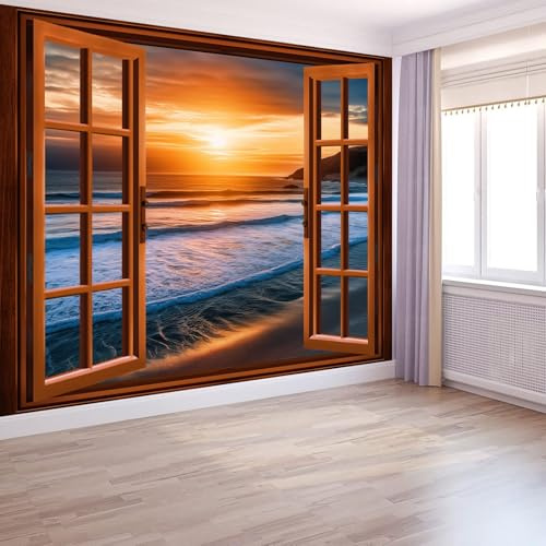 Carta da parati Tramonto Sul Modello Del Mare, 350 x 256 cm Stile Naturale 3D Carta da parati fotografica personalizzata in tessuto non tessuto per soggiorno e cameretta dei bambini, D'Oro