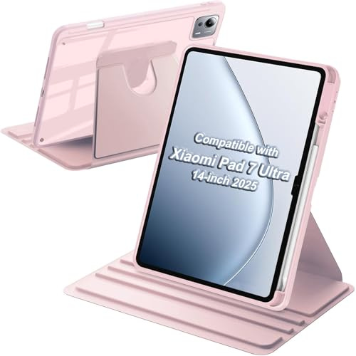A-BEAUTY Rotierende Hülle Kompatibel mit Xiaomi Pad 7 Ultra 14 Zoll 2025 mit Stifthalter, 360° Drehbare Ständer Klare Rückseite Stoßfeste Schutzhülle, Auto Wachen/Schlafen, Rosa