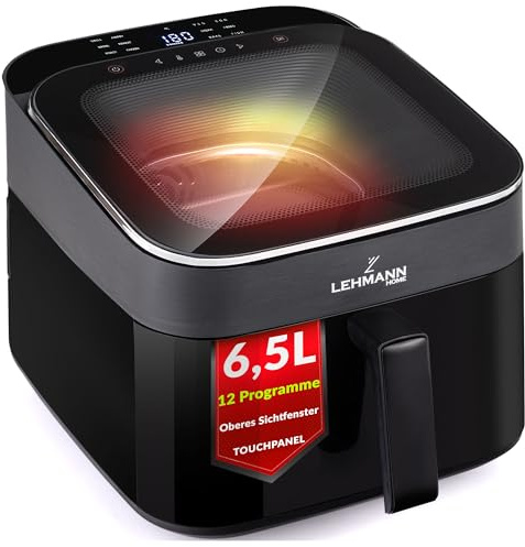 LEHMANN Air Fryer XL 6,5L, Friteuse sans Huile avec Fenêtre Panoramique Supérieure & Éclairage, Écran Tactile, 12 Programmes, Rappel pour Remuer, Grilles Antiadhésives Compatibles Lave-vaisselle