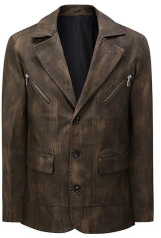 YFFUSHI Blazer da Uomo Vintage in Pelle Giacca a 3 Bottoni Revers Tasche a Cerniera Classico Casual, Marrone, L