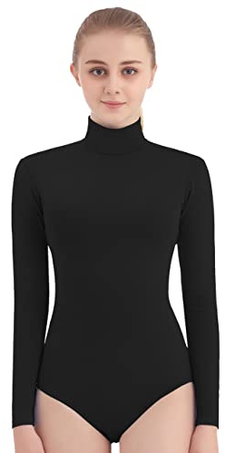 SUPRNOWA Women's Long Sleeve Turtleneck Top Bodysuit Mock Neck Stretchy Leotard Jumpsuit Body Suit with Zipper for Dance Gymnastics Cheerleading Fashion (Small, Black)