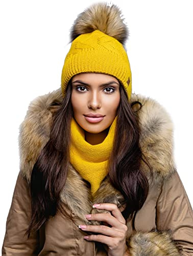 MFAZ Morefaz Ltd Set mössa & halsduk damer vinter mössa stickad mössa sicksack mask fleece tofs pom pom, Mustard Set mössa & halsduk, L