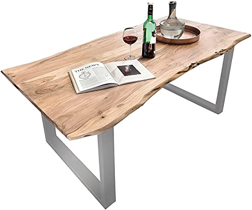 SAM Baumkantentisch 160x85 cm Quarto, Akazienholz massiv + naturfarben, Esstisch mit silbernem U-Gestell, Esszimmertisch/Holztisch Industrial-Design, Tischplatte 26 mm