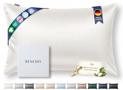 RENESSY Federa in Seta 100% Bio 50x75 cm - 22 Momme Seta di Gelso, Grado 6A, Certificata Oeko-Tex in Germania - Lusso per i Capelli e la Pelle, 1 Pezzo (Seta Naturale Avorio)