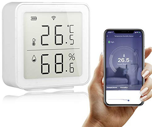 WiFi Tuya Sensor de Temperatura inalámbrico, Smart Life Digital Termómetro Higrómetro Interior, Compatible con Alexa, con Almacenamiento de Datos y Funciones de Alarmar