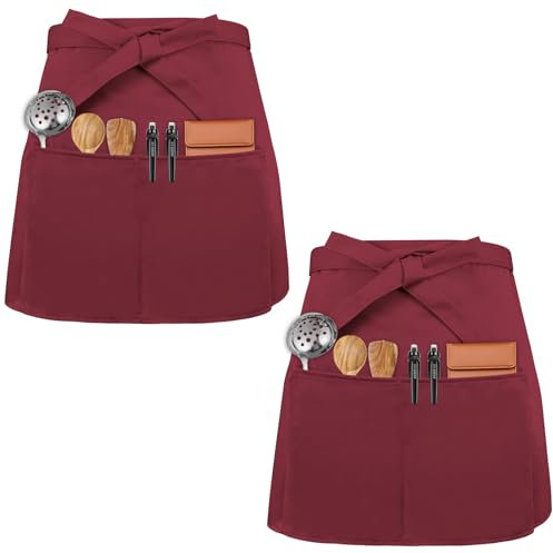 2 Pcs Delantal de Cocina Con 3 Bolsillos Para Hornear - Para Hombre y Mujer en Bistro, Restaurante, Café - Chef, Camarero, Limpieza, Pintura (Rojo Oscuro)