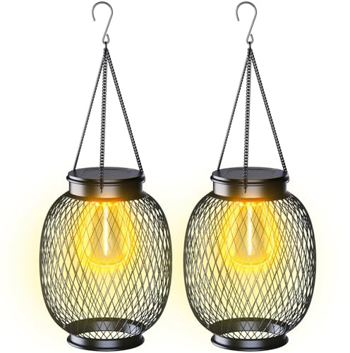 Farolillos Solares Exterior, luz solar exterior jardin Ortiny 2 Piezas IP65 Impermeable de Metal para Jardin Blanco Cálido retro luz solar exterior jardin colgantes para Navidad Jardín Camping Balcón