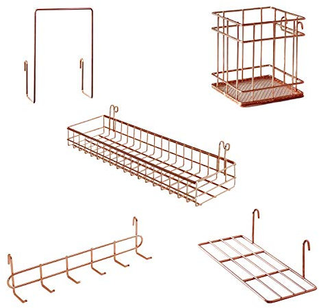 PEAUARL Metal Mesh Wall Grid Panel Hanging Basket,Display shelf,Pen Holder,Hooks Rack,Bookshelf,Decorative Desk Storage Organizer For Office,Study,Set of 5 (Rose Gold)