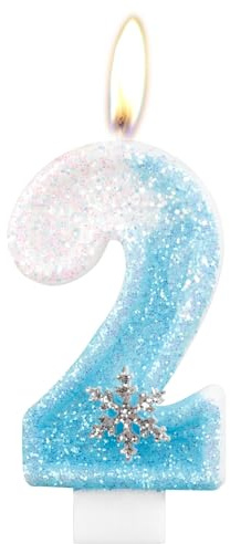 Velas de cumpleaños congeladas, vela con purpurina con número 2 de copo de nieve, velas para pastel, velas de pastel congeladas azules y blancas para niñas, decoraciones de cumpleaños temáticas de