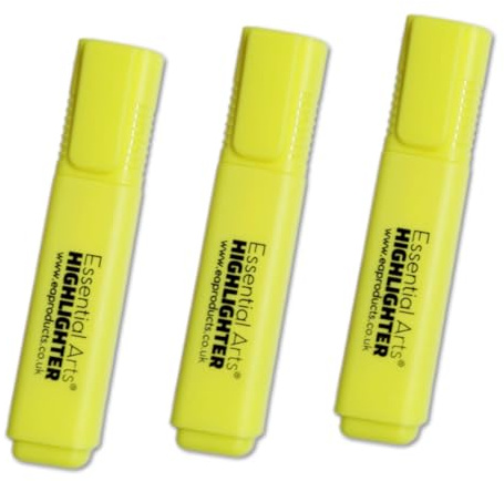 Essential Arts Square Yellow Highlighter Pen Pack of 3 | Chisel Tip Fluorescent Highlight Marker Pens for Office, School Art and Business