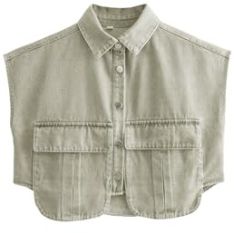Perbai Camisa corta con botones para mujer, cuello sin mangas, holgada, de mezclilla, con bolsillos