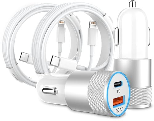 Car Charger, 2Pack 48W Car Charger Adapter with 3FT Lightning Cable, 2-Port (USB C+USB A) PD/QC 4.0 Fast Charge Cigarette Lighter USB Charger 12V USB Socket for iPhone 14/13/12/11, iPad and More
