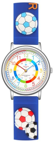 Alienwork Football Garçons Montre Pédagogique Apprendre l'Heure Enfants Garçon Argent Bracelet Bleu Multicolore Enfants Résistant à l'eau 5 ATM Temps d'apprentissage