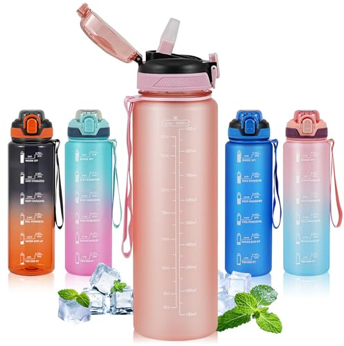 SEASEVEN Sports 1L Water Bottle with Straw for Gym,Office(Pink2) | Drinks Bottle,1 Litre Water Bottles with Time Markings,Girls Boys Waterbottle Leak-Proof & Bpa-Free for Outdoor