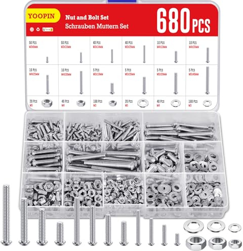 YOOPIN Set di 680 dadi e bulloni, viti a testa tonda Phillips M3/M4/M5, dadi e rondelle, in acciaio al carbonio, set assortito di dadi e bulloni esagonali per progetti fai da te, installazione di