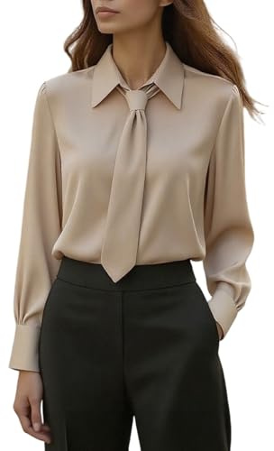 Camicetta per Donna UK Elegante con Cravatta Collo a Colletto Top a Maniche Lunghe con Polsini Camicie Basic Tinta Unita Business Top Signore Ufficio Lavoro Camicette Camicie Eleganti per Uscite Smart