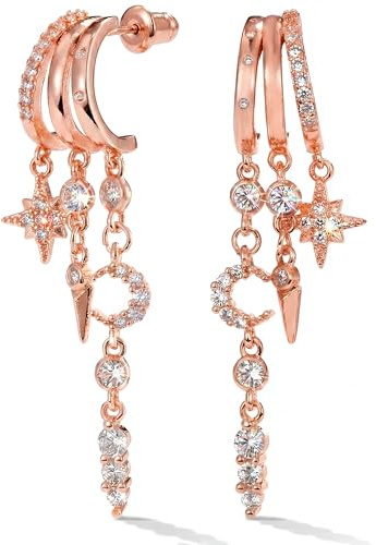 MUMREUES Boucles d'Oreilles Cercles pour Femme Plaqué Or Rose 14K Boucles d'Oreilles Chaîne avec Franges en Zircon Minimalist Pendentif étoile et lune Boucles d Oreilles pour Femmes Cadeau pour Elle​