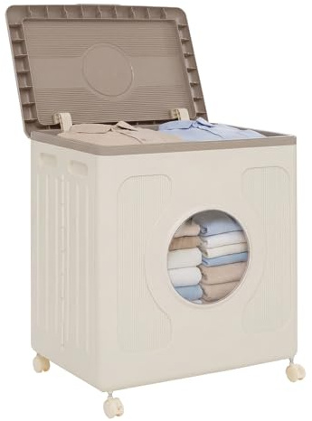 COSTWAY Cesta de Ropa Sucia con Tapa y Ruedas, 45 L Cesta de Lavandería Plegable con Ventana Transparente, Ropa Organización, Organizador Portátil de Plástico para Dormitorio y Baño (Blanco+Gris)