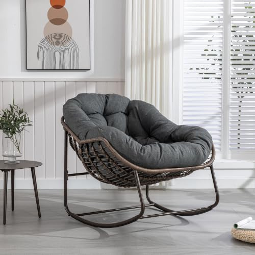 TheEshow Fauteuil à Bascule œuf en Osier, Coussin épais, intérieur/extérieur, Balcon, Jardin, Gris foncé