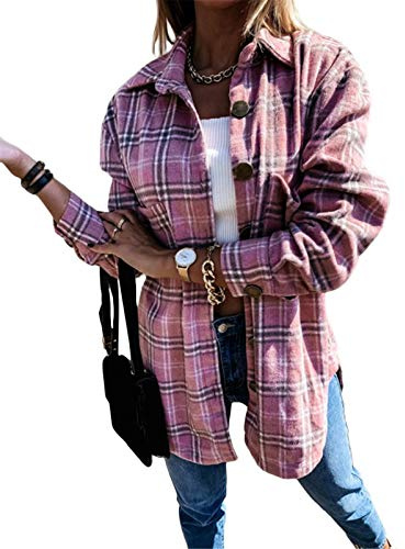 ORANDESIGNE Camicia Donna Quadri Bluse Manica Lunga Casual Maglieria Collo V Maglietta Boyfriend Autunno Shirt Top Blusa Rosa XL