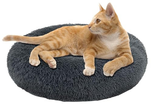 jiuzcare Katzenbett 50x50 cm Haustierbett für Kleine Hunde und Katzen Rund Donut Plüsch Kuschelbett Hundebett Katzenbett Waschbar Flauschig Hundekissen Katzenkissen, Dunkelgrau