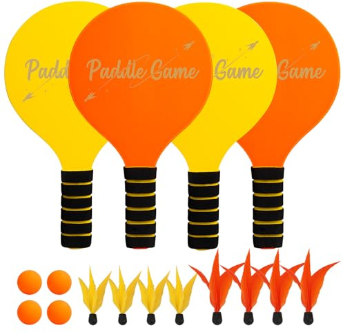 INPODAK Beach Ball Game Set, Beach Ball Racket Set pour Enfants, 4 Raquettes, 8 Volants, 4 balles, Jeu de Paddleball, Jeu de Plage pour Les familles(Orange Jaune, 2 Ensemble)