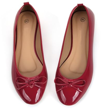 Dernolsea Womens Ballet Flats, Patent Leather Bow Round Toe Foldable Flat Slip On Pumps Dolly Ballerina Shoes Wine Red Size 3-3.5