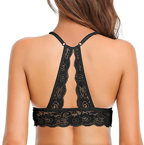 SHEKINI Bralette in pizzo con scollo a V per donna reggiseno triangolare imbottito intimo da donna, Nero , XL