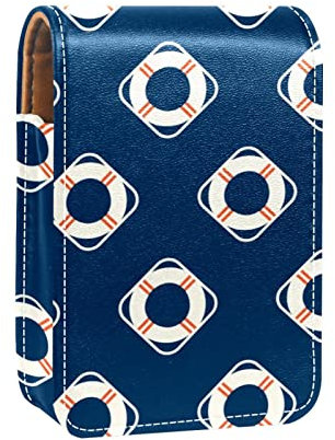 Nautical Travel Lifebuoy Blue Portable Lipstick Case for Traveling,Mini Lipstick Storage Box with Mirror for Women Ladies, Leather Cosmetic Pouch