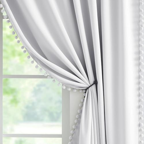 Pom Pom Greyish White Blackout Curtains for Bedroom 54 Inch Thermal Insulated Window Drapes for Living Room Darkening Ring Top Eyelet Energy Efficient Treatment Sets for Children Nursery 54W 1 Pair