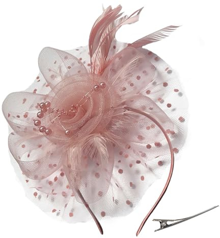 Durzasvo Women's Fascinators Tea Party Wedding Mesh Flower Pearl Feather Fascinator Hat with Headband and Clip Dusty Pink