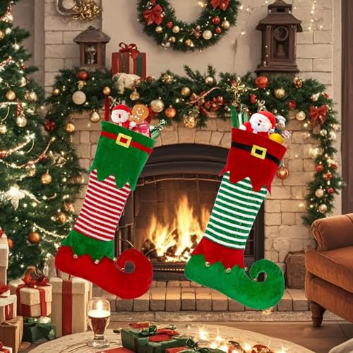 Norhogo 2 stück Rot Grün Elfen-Weihnachtsstrümpfe, Stoff Nikolausstiefel Weihnachtsdeko Weihnachtssocken zum Befüllen und Aufhängen für Kamin, Schaufenster, Weihnachtsbaum, 56 x 18 cm