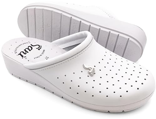 Anatomical Sanitary Slippers for Women Genuine Leather Orthopedic Shoes Non-Slip Made in Italy, White, 4 UK