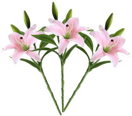 MisFun 3 Pièces Fleur Artificielle, Fleurs Lys Artificielle Bouquets, Bouquet de Fleurs, Fleurs Réalistes en Plastique, pour Maison Mariage Parties Vases Décoration Graves (Rose)