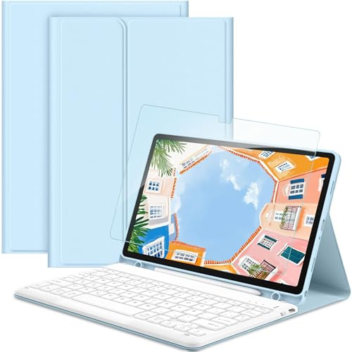 EasyAcc Funda con Teclado para Samsung Galaxy Tab A9+ 11 Pulgadas 2023 con Película Protectora [Español], SM-X210/X216/X218, Funda Protectora con Portalápices, Cielo Azul